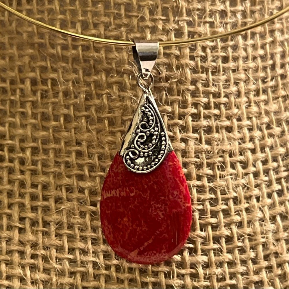 Sponge, coral, teardrop pendant set with sterling silver details 1.5”